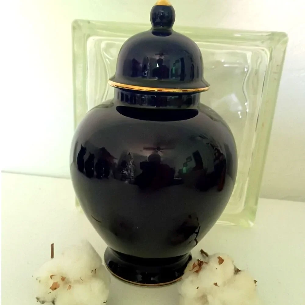 Vintage Japanese Cobalt Blue Porcelain Ginger Jar Peacock and Floral Design